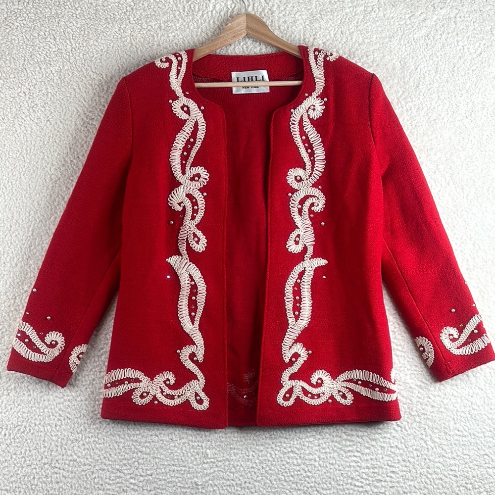 Lihli Womens Red White Embroidered Beaded 100% Wool Cardigan L LARGE